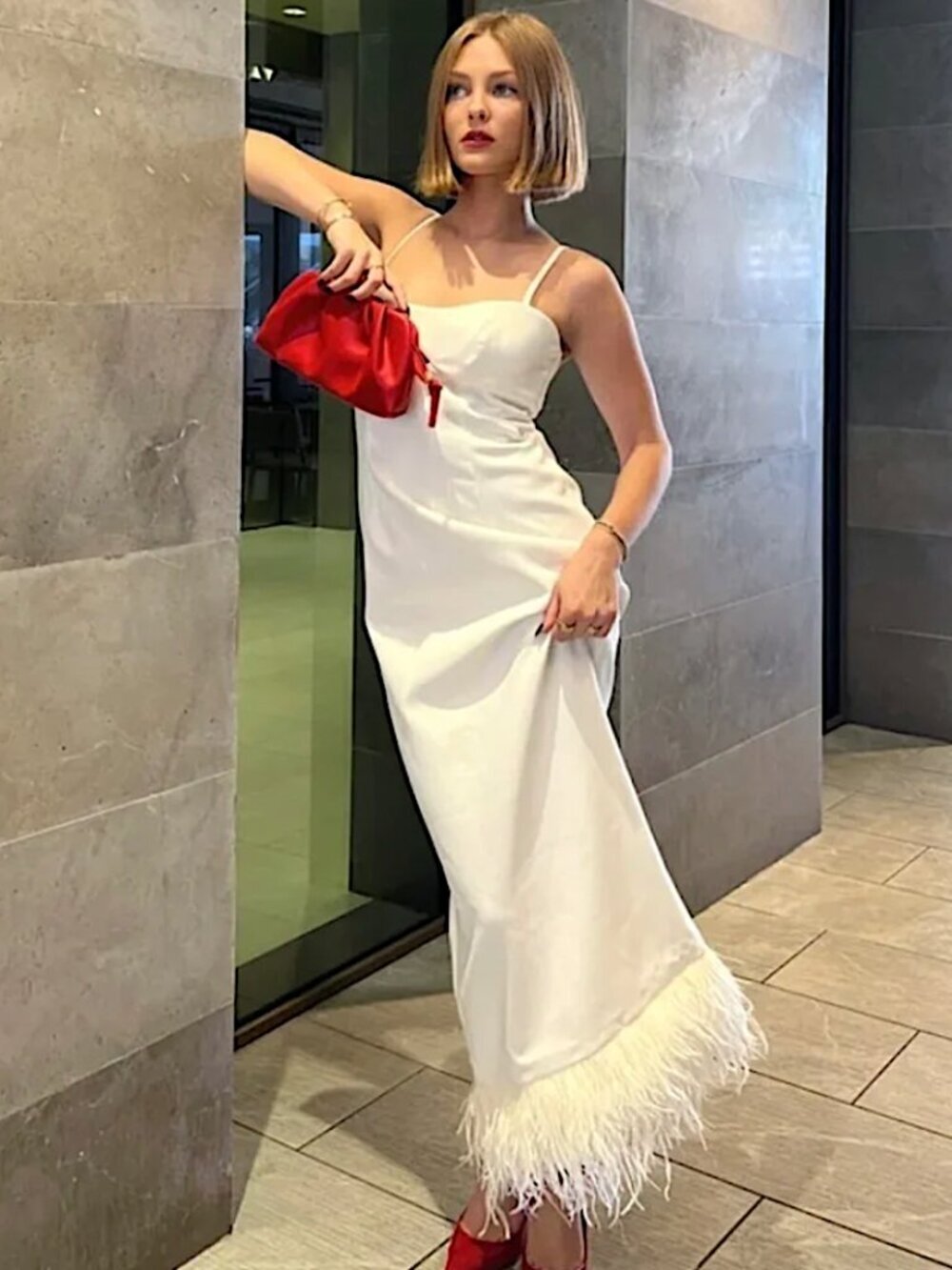 NWT LIKELY Kalani Midi Column Dress White Ostrich Feather Hem Prom Bridal Maxi